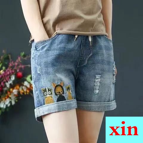 Quần Short Denim Lưng Thun Thêu Hình Bướm Phong Cách Mới Mùa Hè Cho Nữ