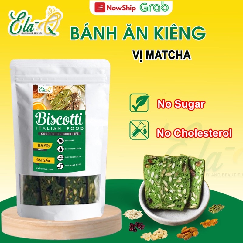 Bánh BISCOTTI nguyên cám 500g vị matcha ElaQueen - Bánh ăn kiêng cho người giảm cân, Keto/das, tiểu đường, ăn vặt