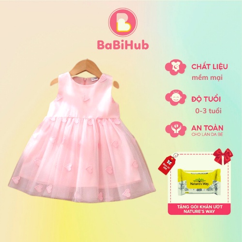 Đầm cho bé gái, Váy cho bé gái 7-15kg (0-3 tuổi) màu hồng nhạt dáng xòe in hình trái tim xinh xắn_19847250