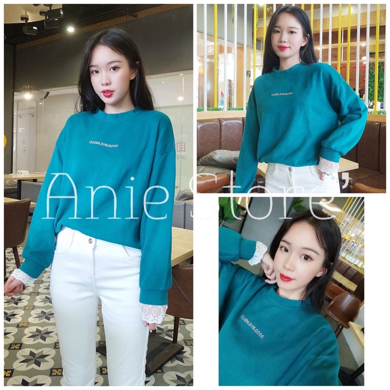 Áo Sweater Nỉ Xanh Dài Tay GOODBYE HELLO Áo Thun Nữ Dáng Rộng