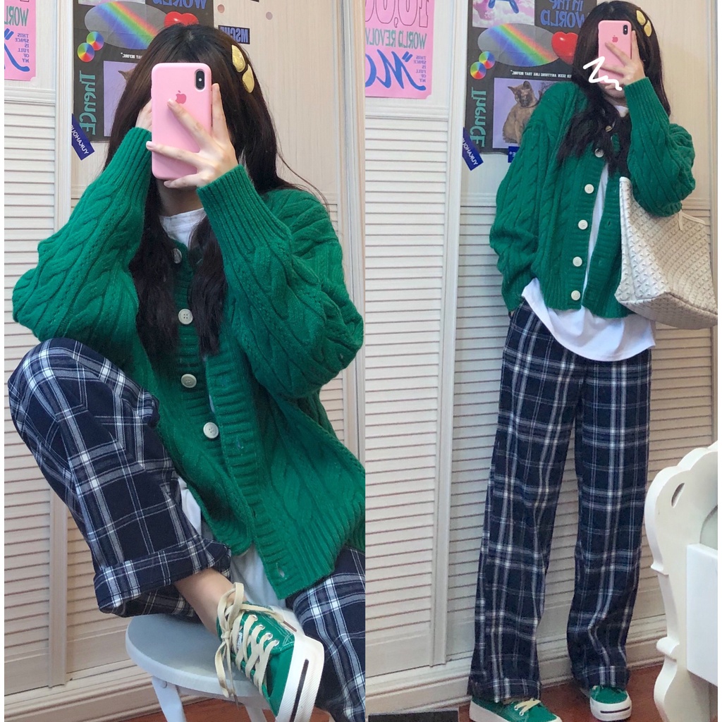 (ORDER - Sẵn quần) Áo khoác len cardigan xoắn thừng cài khuy màu xanh lá đậm form rộng style Hàn Quốc (Hàng mới về)