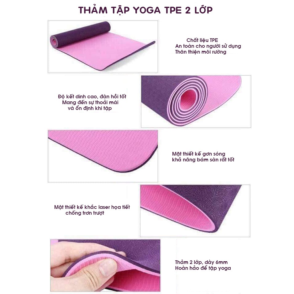 Thảm trải tập yoga (❤️TẶNG TÚI❤️) tập gym thể dục TPE êm nhẹ chống trơn trượt 2 lớp 6mm shop bán buôn, lẻ HCM