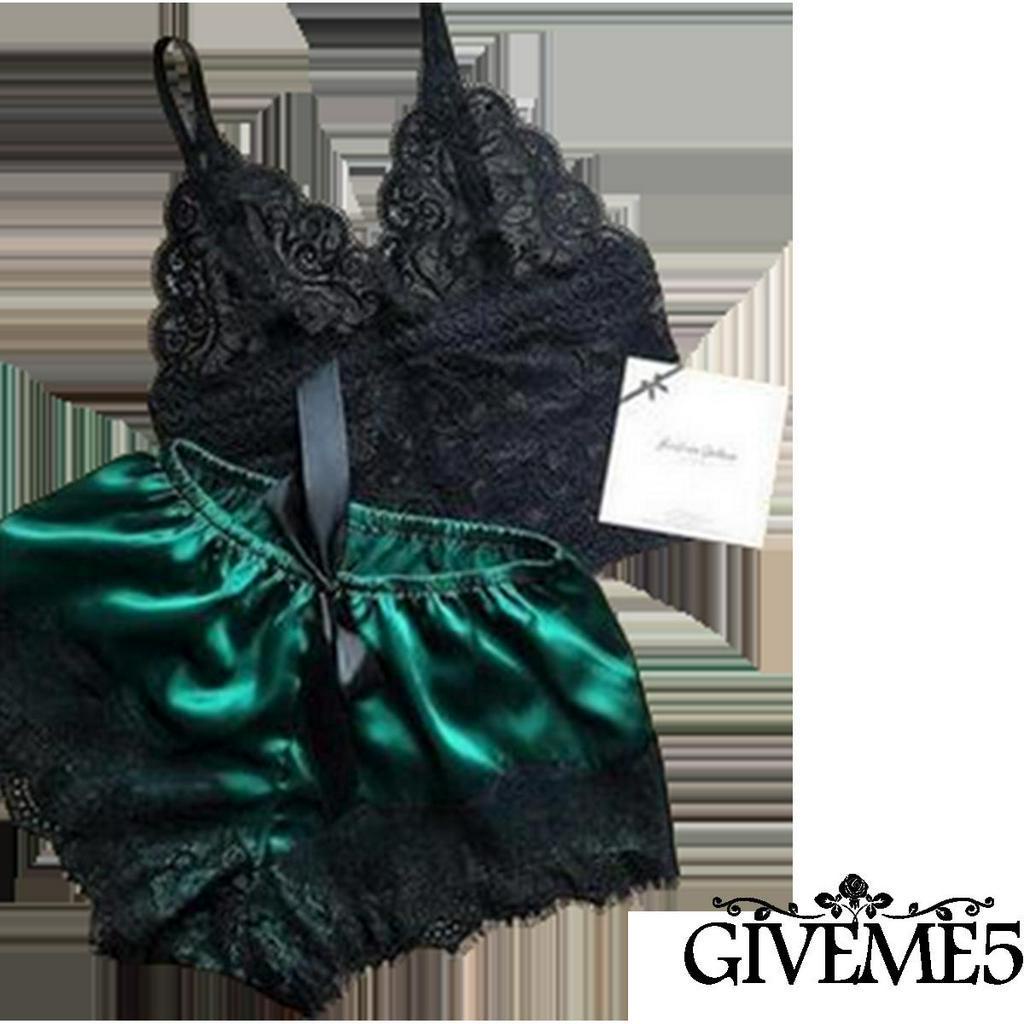 Set Đồ Ngủ Lụa Satin Phối Ren Quyến Rũ Cho Nữ