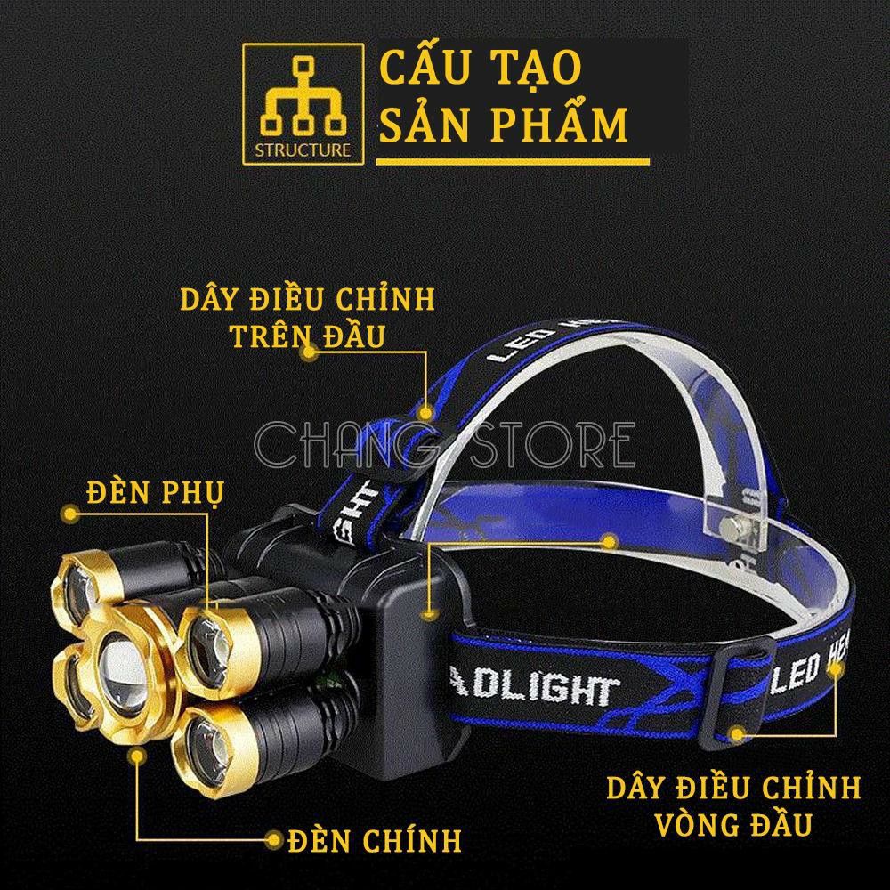 [ Bản Mới, Bóng To Sáng Hơn ] Đèn Pin Đội Đầu 5 Mắt Siêu Sáng, Đèn Pin Siêu Sáng