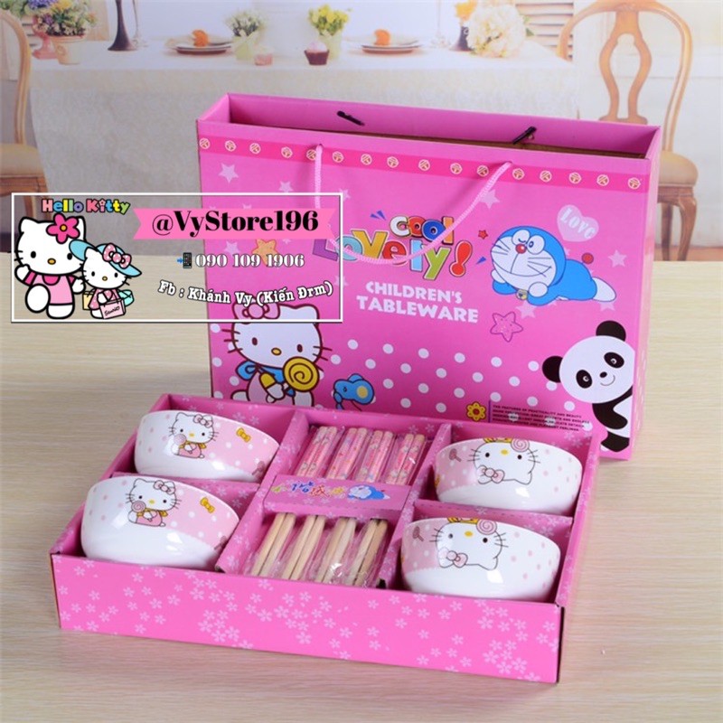 BỘ CHÉN ĐŨA ĐÔREMON VÀ HELLO KITTY KÈM HỘP + TÚI DÙNG LÀM QUÀ TẶNG