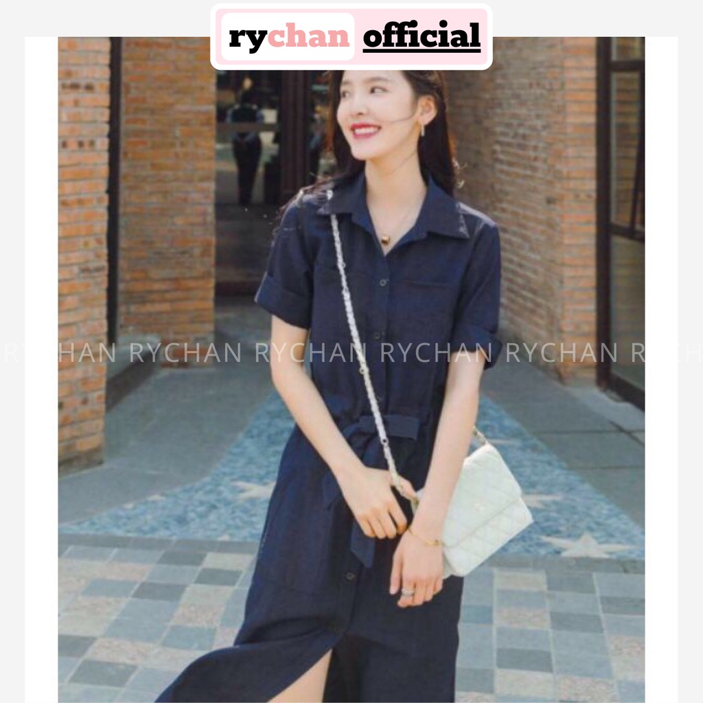 DM543 - Đầm Maxi Sơ Mi Xanh Nơ Eo