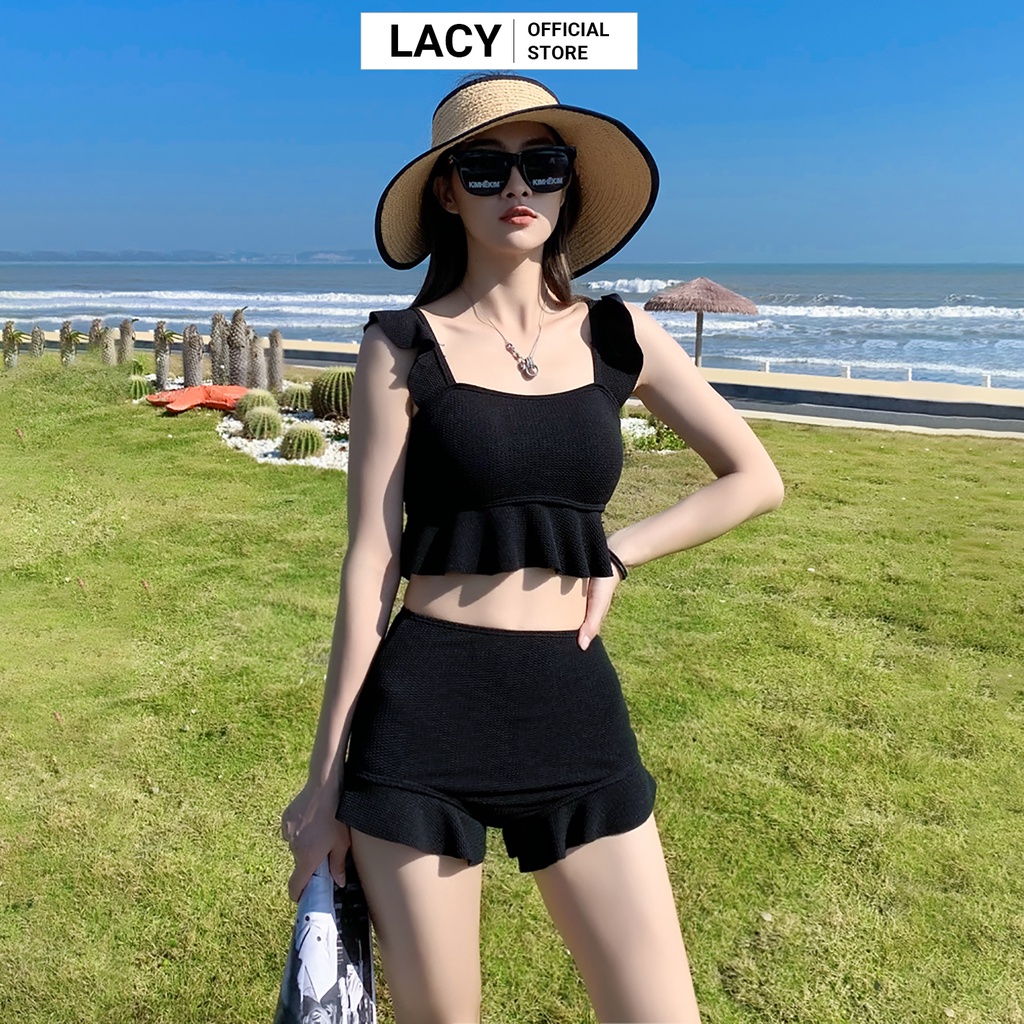 Bikini nữ đồ bơi 2 mảnh kín đáo áo croptop có đệm mút dây xếp ly cánh tiên quần viền xếp ly cạp cao giấu bụng B151 LACY