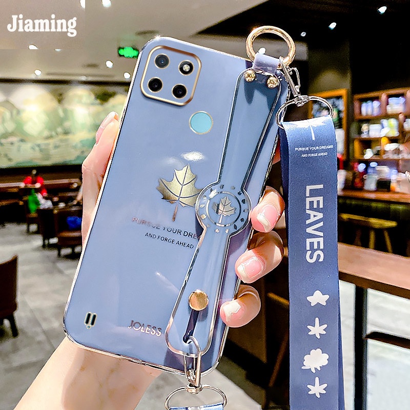 Ốp Điện Thoại Viền Thẳng Mạ Điện Họa Tiết Lá Phong Kèm Dây Đeo Và Vòng Tay Cho Realme C21Y C25Y