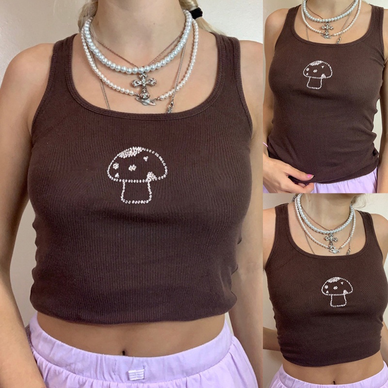 Mary Áo Croptop Dệt Kim Không Tay Cổ Chữ U Đính Đá Hình Nấm Gợi Cảm Cho Nữ