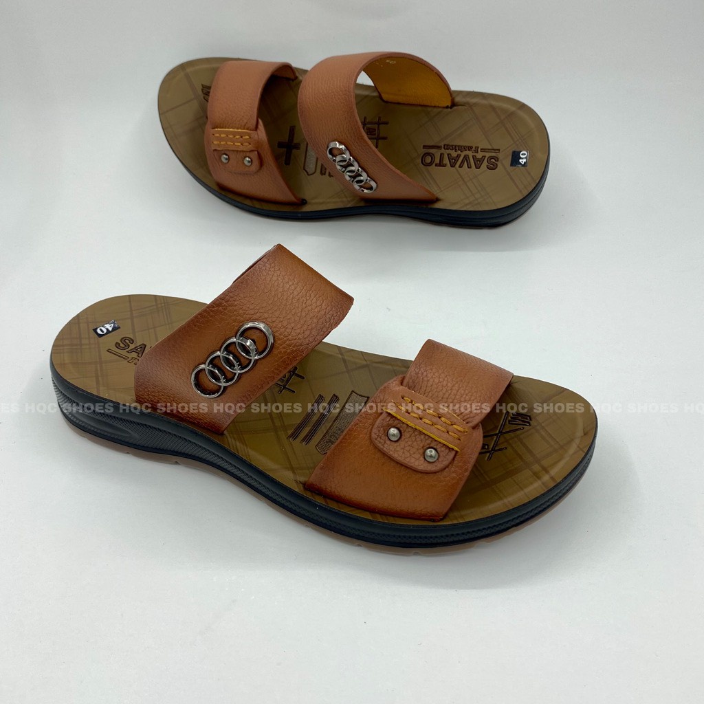 Dép nam HQC SHOES quai hậu da bò thật đế kếp tăng cao bảo hành 1 năm DE001