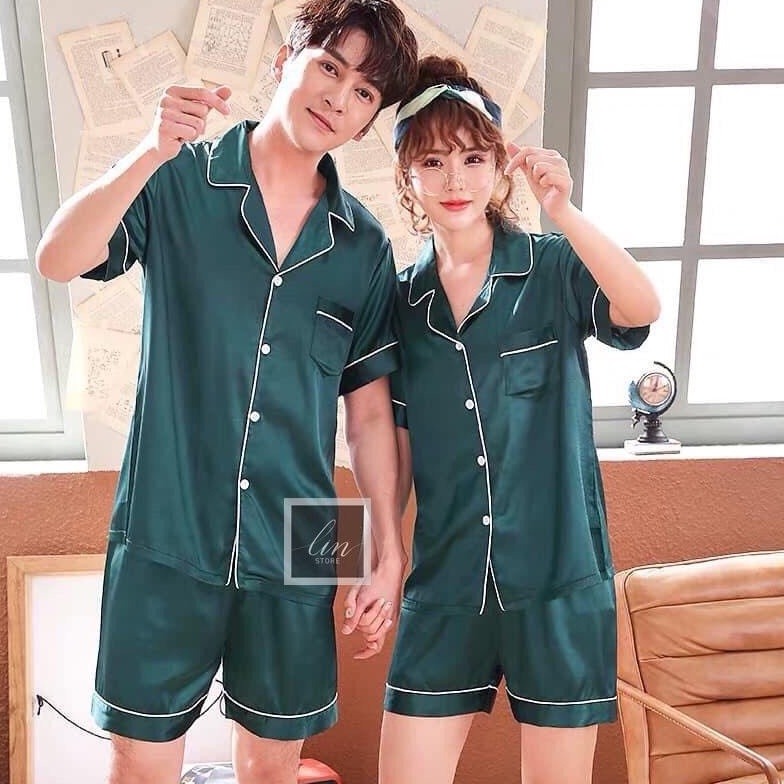 Đồ Bộ Pijama Lụa Nam Nữ Mặc Nhà Tay Ngắn Quần Cộc Mùa Hè Cao Cấp Bộ Đồ Ngủ Nam Nữ Lụa Siêu Xinh V45