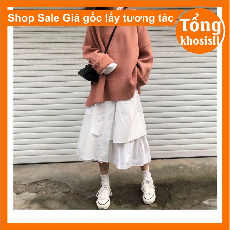 Chân váy dài ulzzang lệch tầng dáng dài xòe nữ đen trắng phong cách hàn quốc
