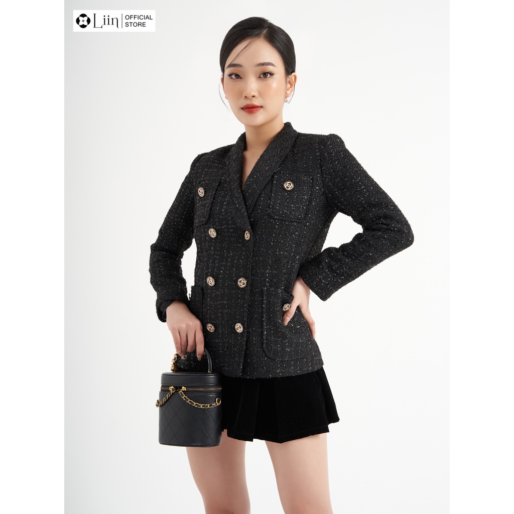 Áo vest Linbi màu đen dạ tweed phối cúc kiểu dáng sang trọng, quý phái liin clothing V5365 | BigBuy360 - bigbuy360.vn