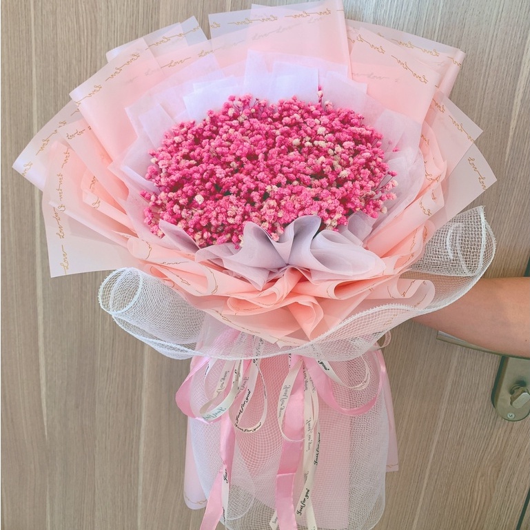 Bó hoa baby khô cầm tay màu hồng phấn, quà tặng hoa khô sinh nhật, sự kiện, kỉ niệm