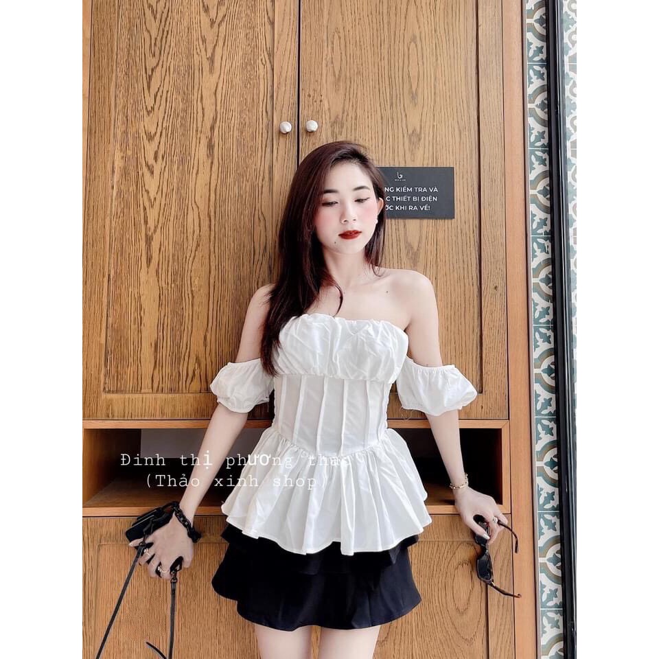 Bộ Áo Trễ Vai Chân Váy Ngắn Tầng 🦋 Set Áo Trắng Bèo Kèm Chân Váy Đen Xòe 2 Tầng 🦋