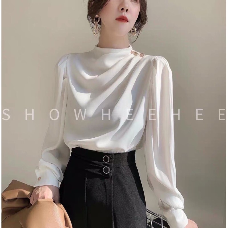 Áo lụa satin cổ xếp ly tay bồng