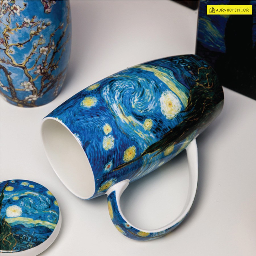 [Có sẵn] Set cốc cao Van Gogh sứ xương cao cấp kèm nắp, thìa có hộp đẹp [bán lẻ] dành riêng cho những ai yêu nghệ thuật