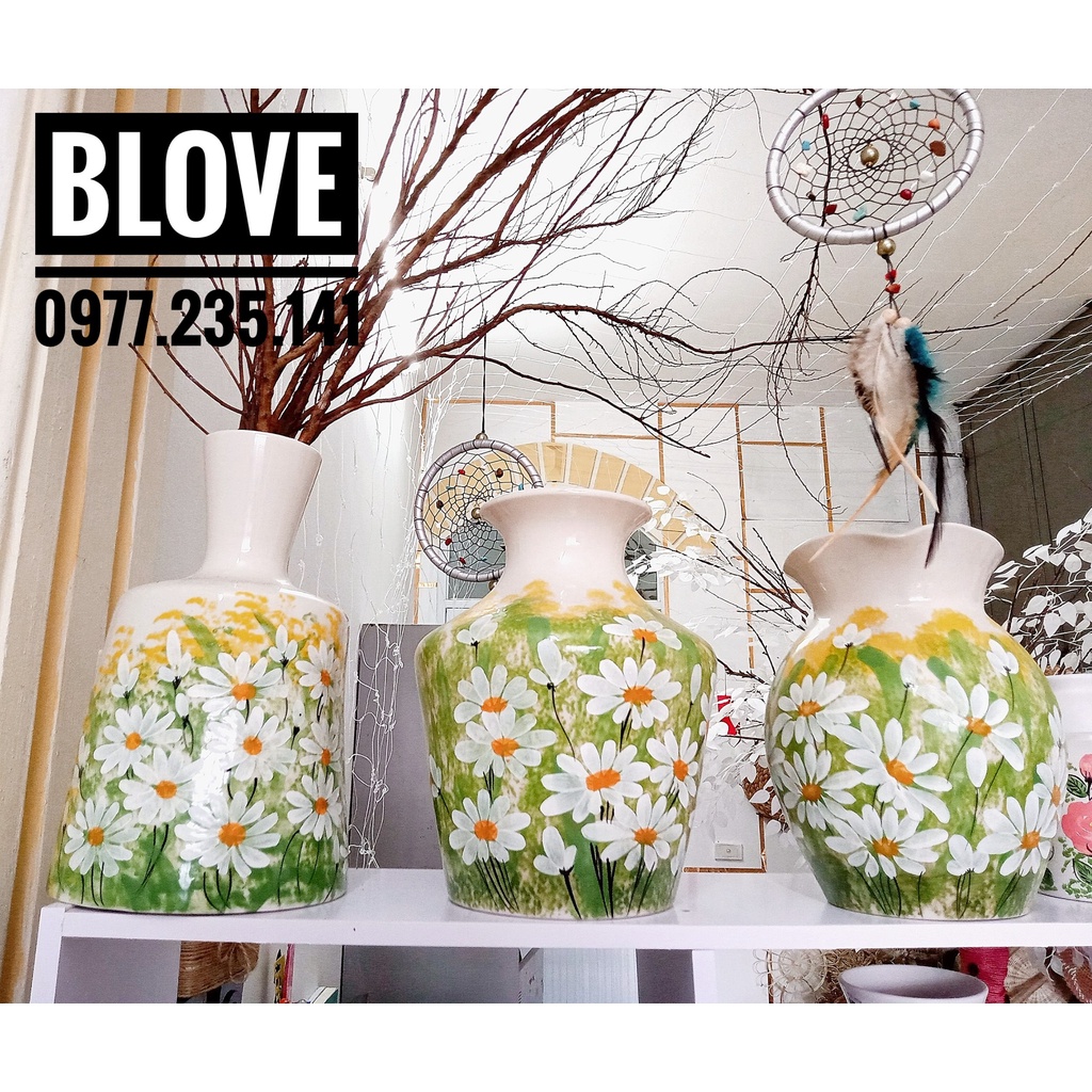 Quà tặng cao cấp,Bình hoa cúc vẽ tay thủ công , Gốm sứ bát tràng tráng men lạnh, Trang trí nhà cửa,decor