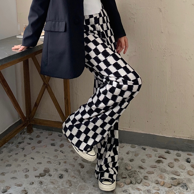 Quần lưng cao dáng rộng họa tiết kẻ sọc caro thời trang trẻ trung