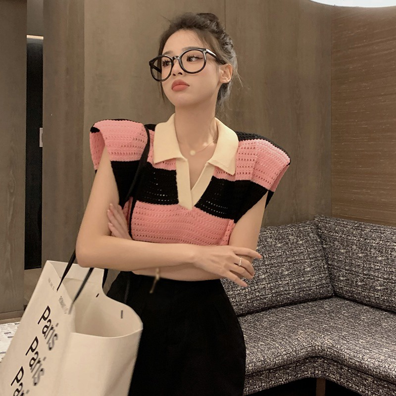 Áo Tank Top Dệt Kim Sát Nách Cổ Bẻ Thời Trang Mùa Hè Cho Nữ