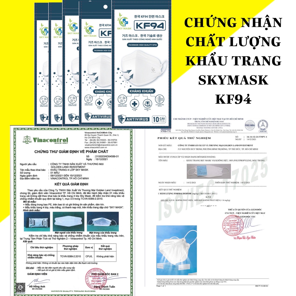 Giá sỉ khẩu trang y tế KF94 HÀN QUỐC, không xù lông, dễ thở, không đứt dây