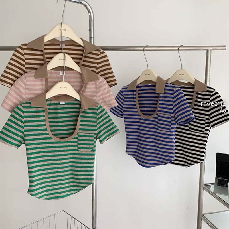 Áo len sọc cổ bẻ xẻ U một túi tay ngắn hàng Quảng Châu 0405