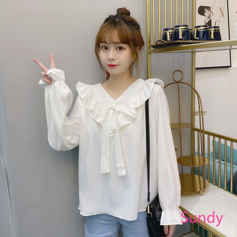 Áo tay dài phối bèo cổ chữ V thời trang cho nữ