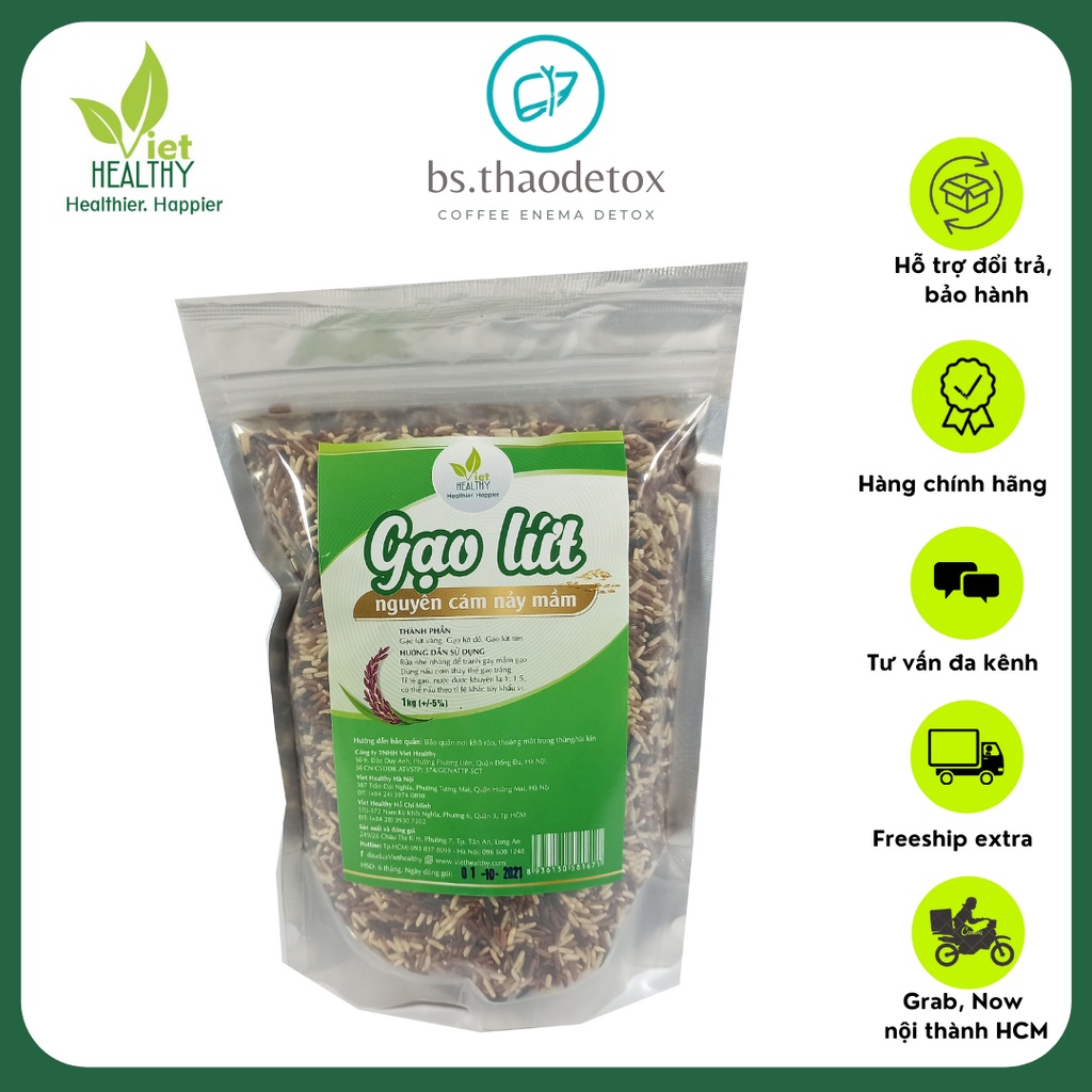 Gạo Lứt Nguyên Cám Nảy Mầm Viethelthy 1kg ăn thô, thực dưỡng, giảm cân