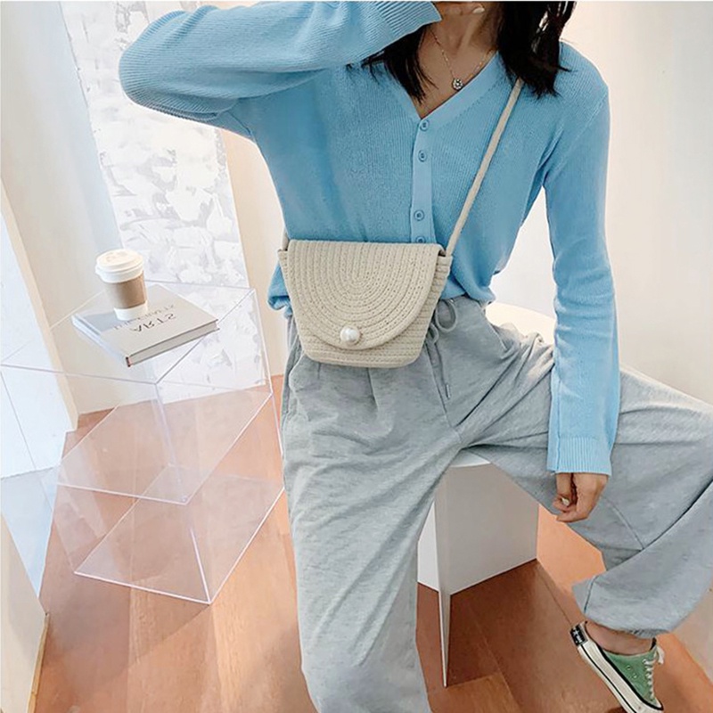 Túi cói IELGY chất liệu rơm dệt đính ngọc trai thời trang dành cho nữ