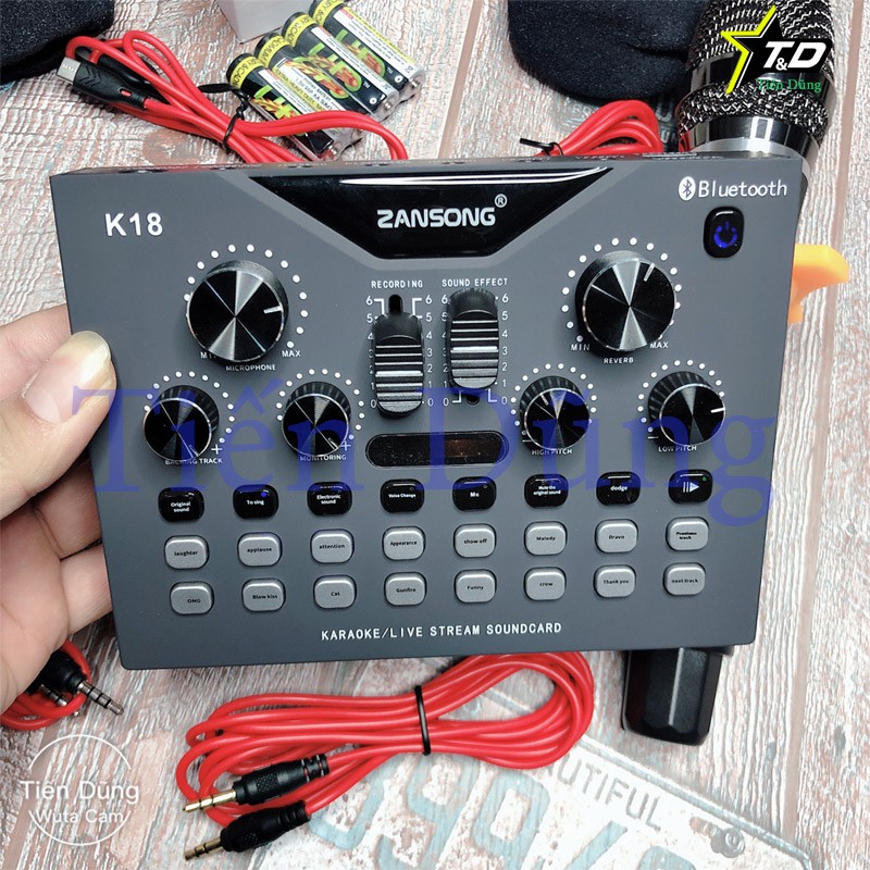 Bộ karaoke zangsong K18 kiêm sound card k18 và 2 mic không dây kèm dây truyền nhạc , dây livestream , dây nguồn