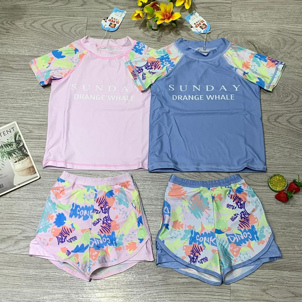 Đồ bơi bé gái 2 mảnh quần đùi 2 lớp áo phủ bụng ngắn tay kín đáo đáng yêu đủ size từ 10kg đến 48kg Bin Sports BB030