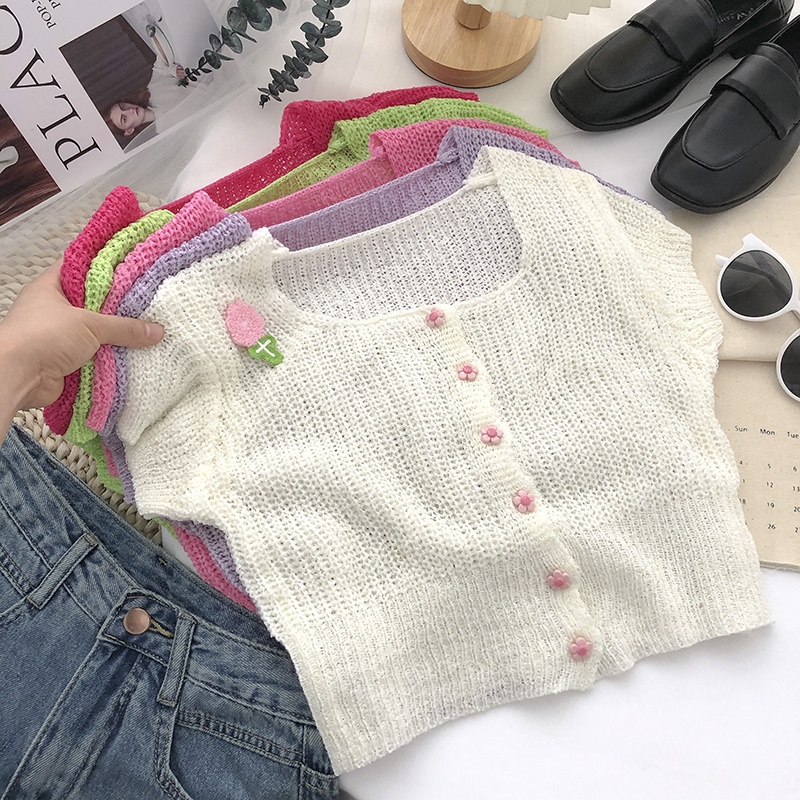 Áo Cardigan Dệt Kim Tay Ngắn Đính Cánh Hoa Dễ Thương