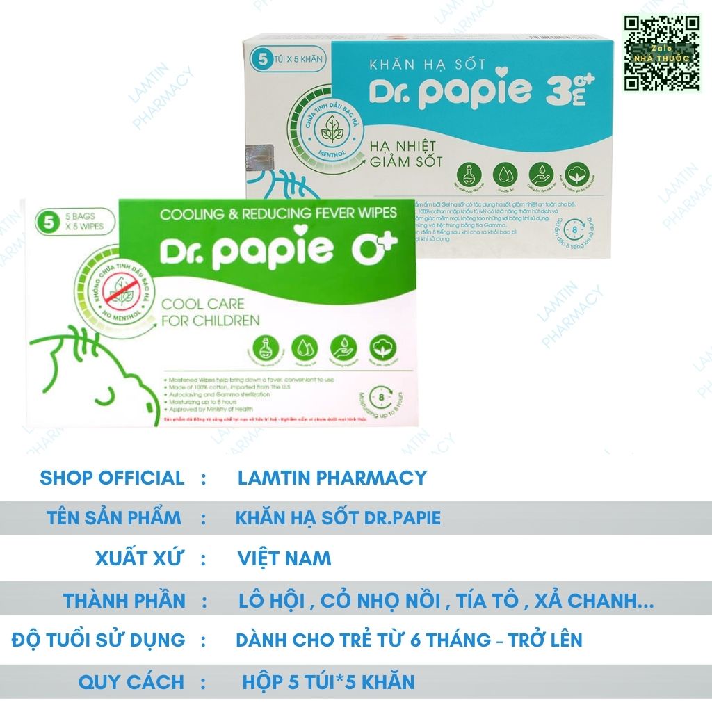 Khăn Lau Hạ Sốt Dr Papie 0+ và 3 tuổi Cho Bé Hạ Nhiệt Giảm Sốt Ngăn Ngừa Co Giật Hàng Chính Hãng - hộp 5 túi