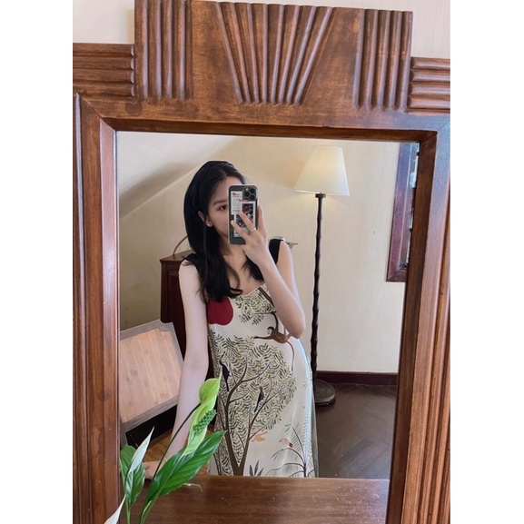 Đầm lụa 2 dây dáng dài hoạ tiết hoa lá size L