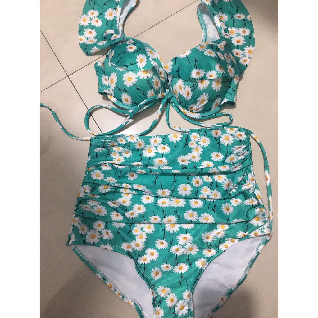 Bikini, Đồ Bơi Đi Biển Nữ Hai Mảnh Cánh Tiên Hoa Cúc Xanh Cạp Cao Siêu Đẹp ODERI HM-106