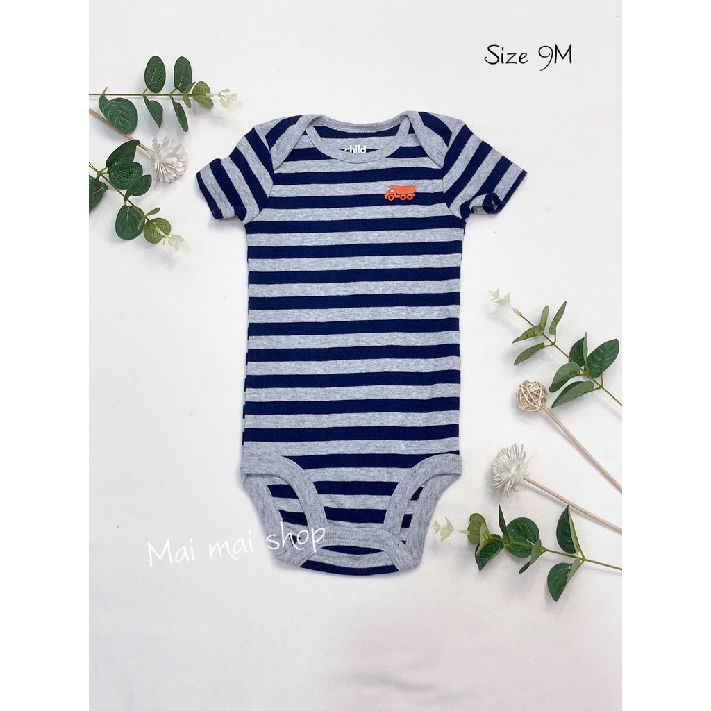 (6-9M chọn màu- Trai) Body chip TAY NGẮN xuất dư cổ tròn, cổ đáp chéo cho bé trai sz 6-9M- Bộ liền thân cho bé
