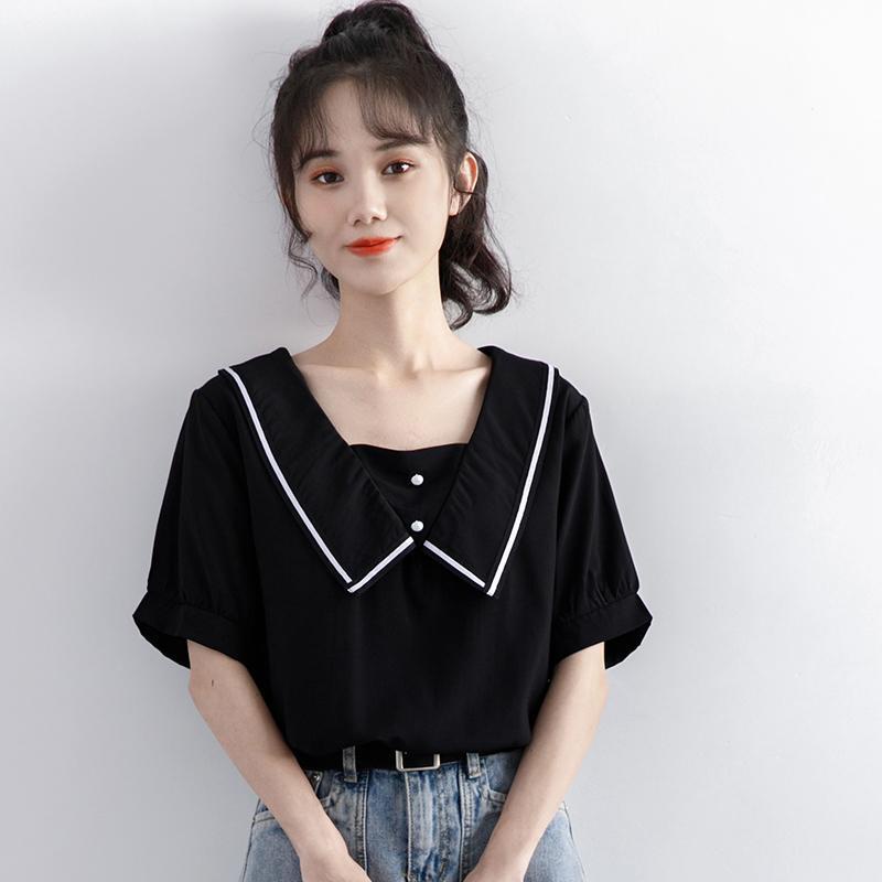 Áo Sơ Mi Cổ Thủy Thủ Tay Ngắn Dáng Rộng Màu Đen Phong Cách Nhật Bản Thời Trang Mùa Hè Cho Nữ 2022