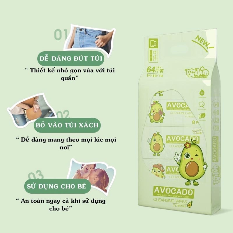 Gói 8 khăn ướt mini, Combo 64 khăn ướt mini, Khăn giấy ướt nhỏ gọn bỏ túi tiện lợi ( BABIESTORE.VN )