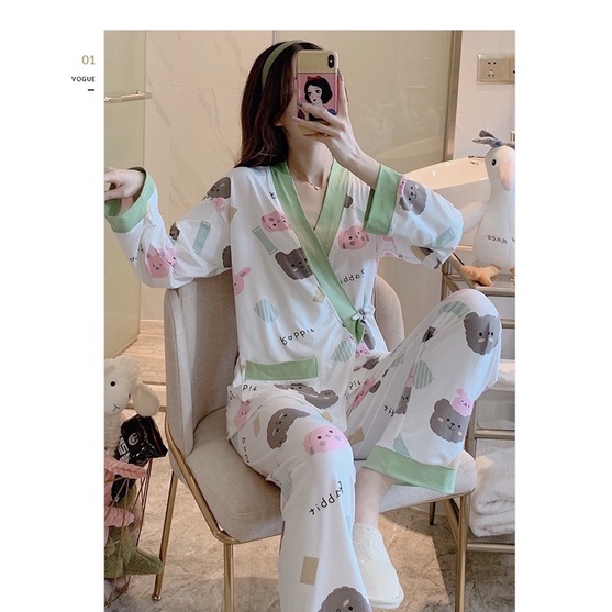 Bộ Đồ Bầu Dài Tay Chất Thun Sữa Kiểu Dáng KIMONO sang chảnh với họa tiết hoạt hình dễ thương cho mẹ bầu BD948