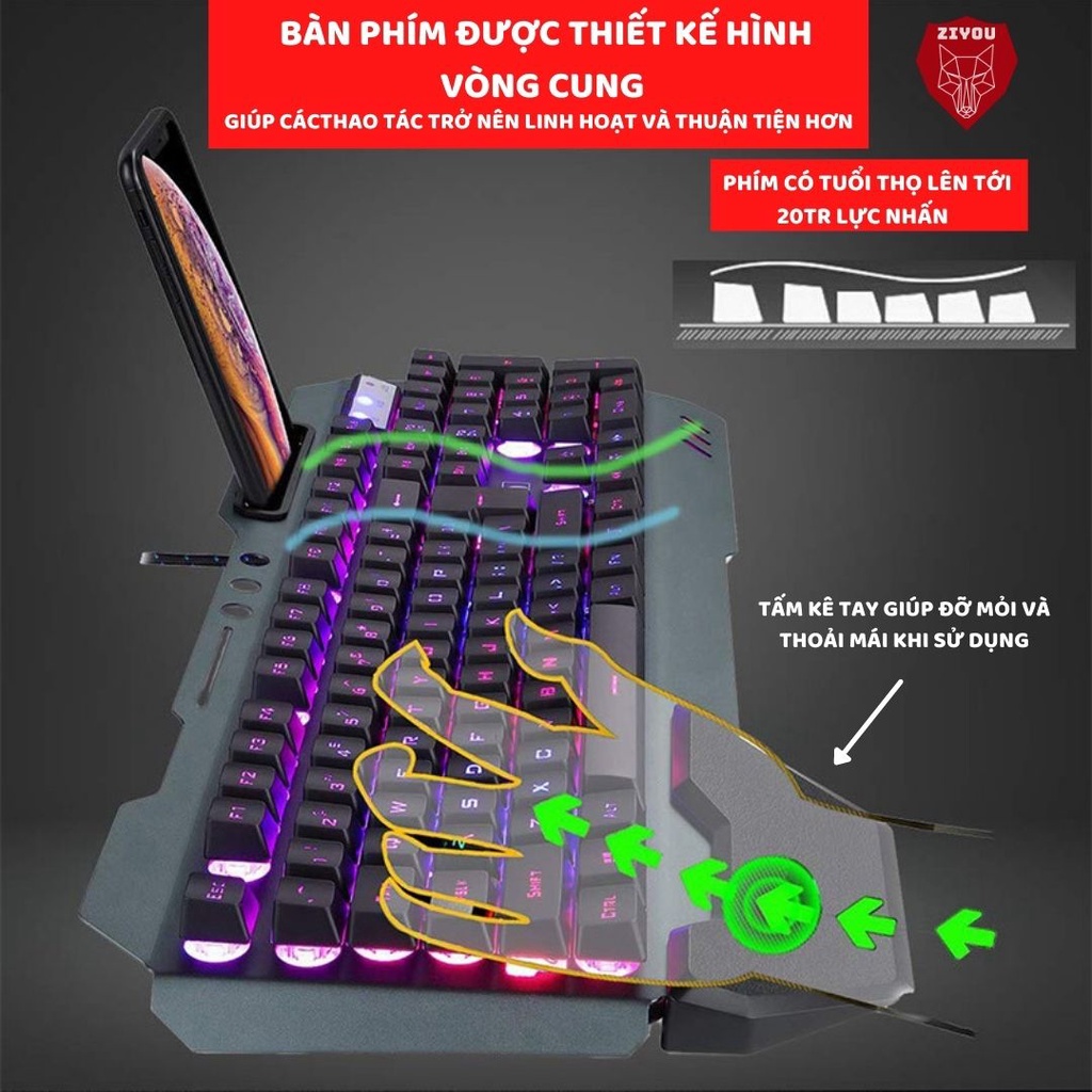 Combo Bàn Phím Giả Cơ Và Chuột Gaming LED ZIYOU K618 Và V5 Phím Bấm Êm Dùng Văn Phòng, Chơi Game Trên Máy Tính, Laptop