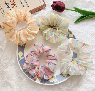 🌈Chun buộc tóc Scrunchie voan kẻ dọc