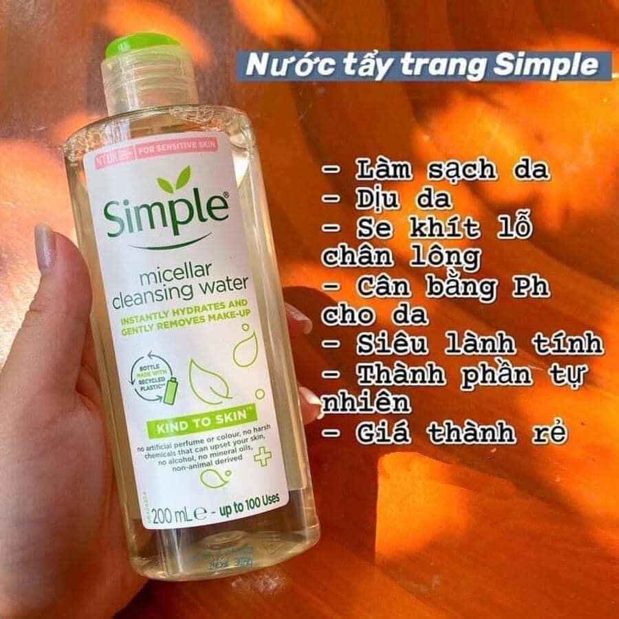 Nước Tẩy Trang Simple Micellar Cleansing Water Da Nhạy Cảm 200ml Chính hãng