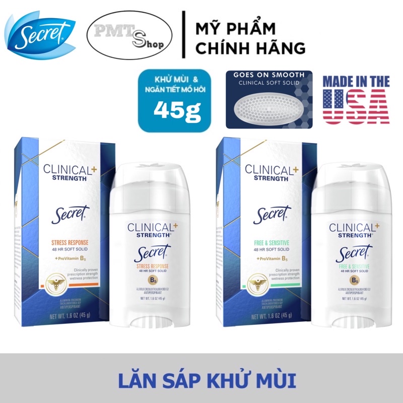 Lăn sáp khử mùi nữ Secret Clinical Strength Powder Protection , Completely Clean , Stress Response 73g , 45g