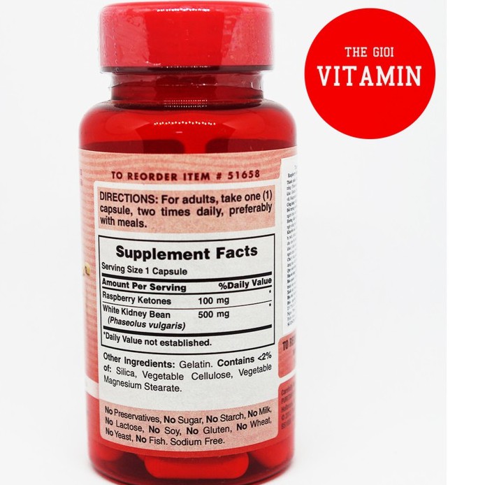 Viên uống giảm cân Puritan's Pride Raspberry Ketones & White Kidney Bean 600mg Complex 60 viên