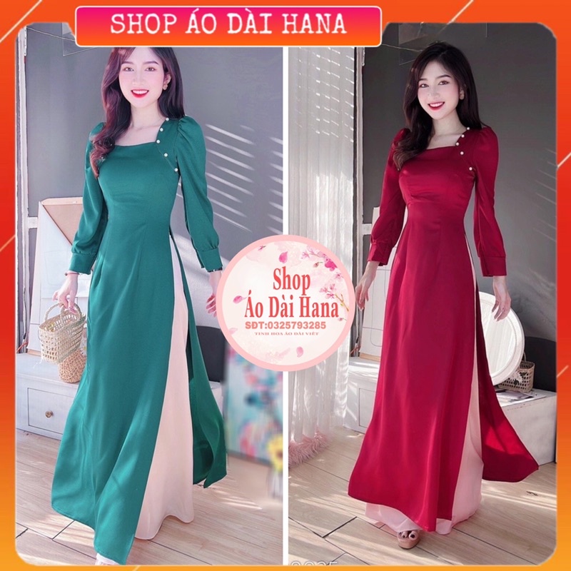 Áo dài cách tân nữ cổ vuông, phần cổ áo dài đính kết ngọc trai, áo dài thiết kế may sẵn