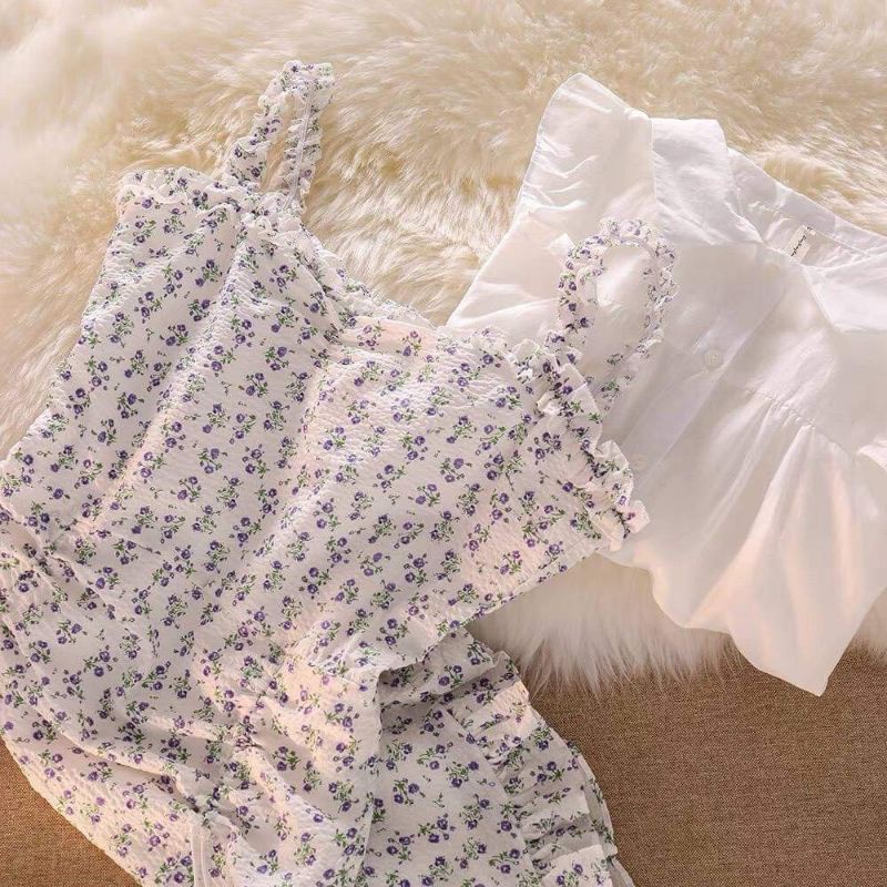 Set đầm hoa kèm áo sơmi bèo