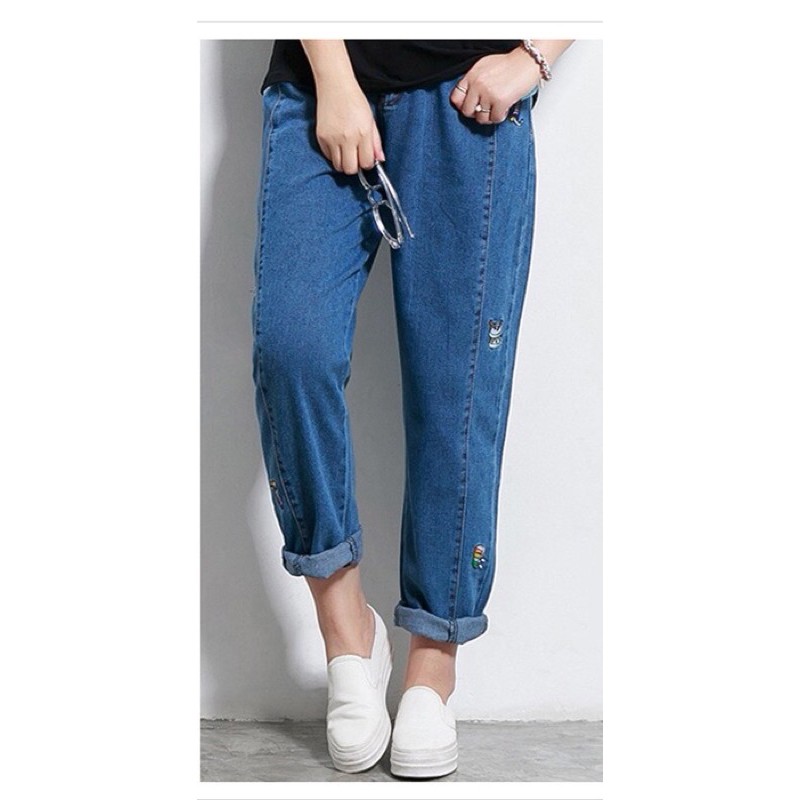 quần jean baggy big size màu xanh đậm lưng vao thêu hình dọc size 90-110kg
