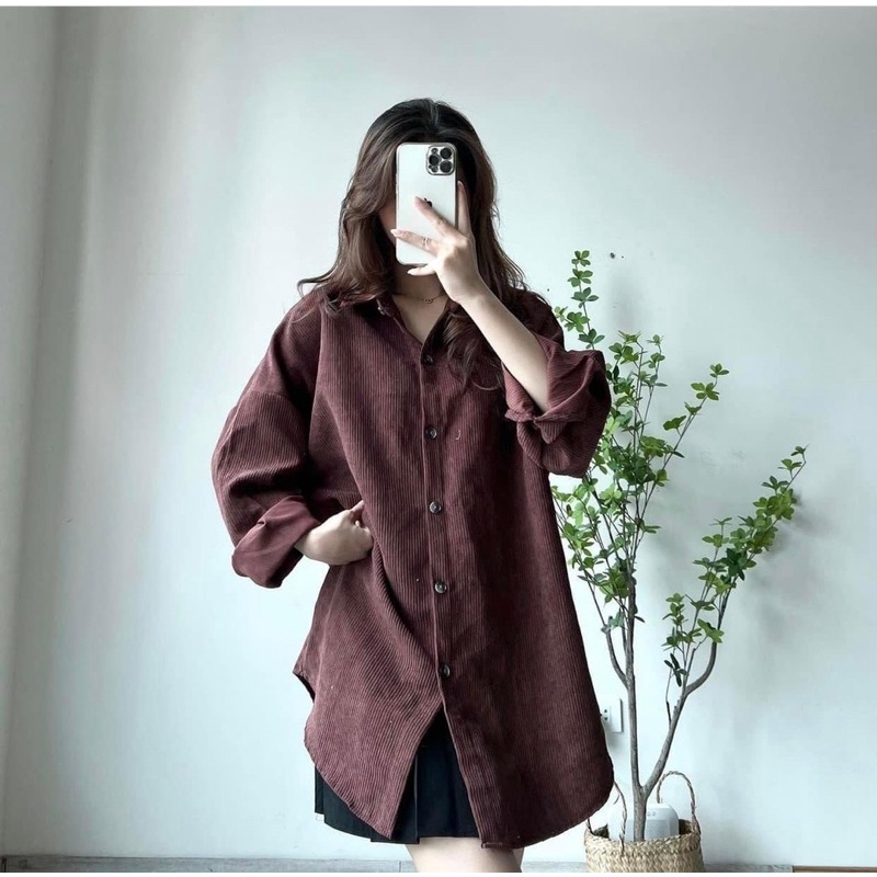 Sơmi nhung tăm dáng rộng oversize ulzzang qc
