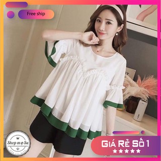 Áo bầu sơ mi trắng viền xanh