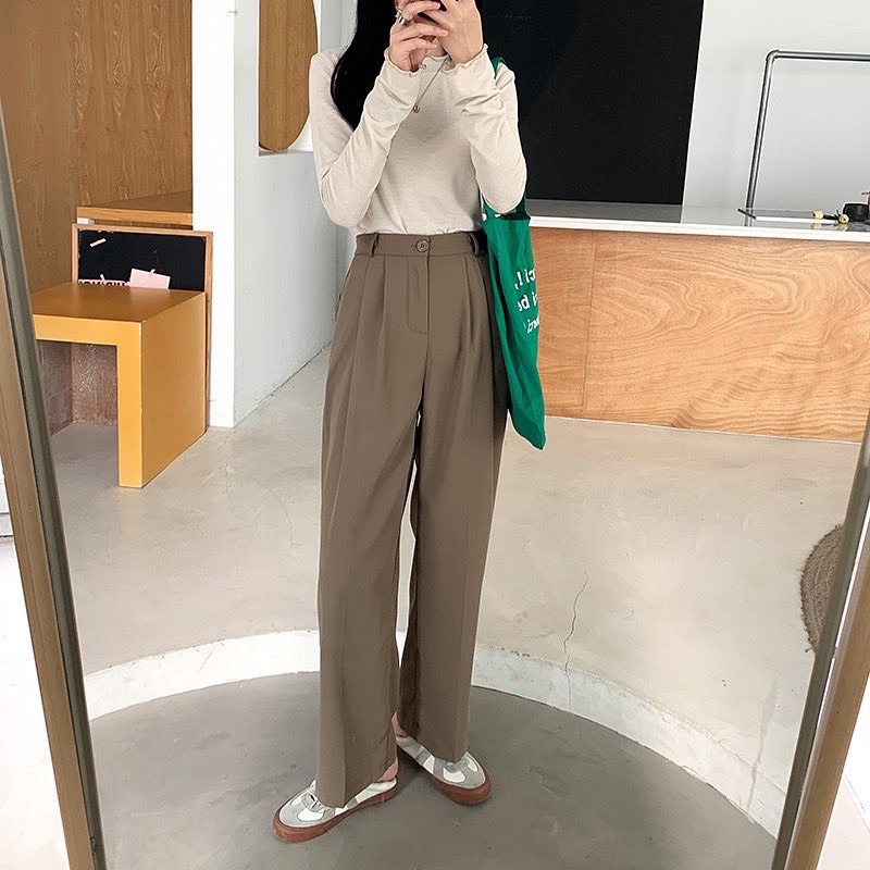 Urihouse - Quần tây nữ ống suông rộng dáng rũ màu nâu rêu cạp chun phía sau